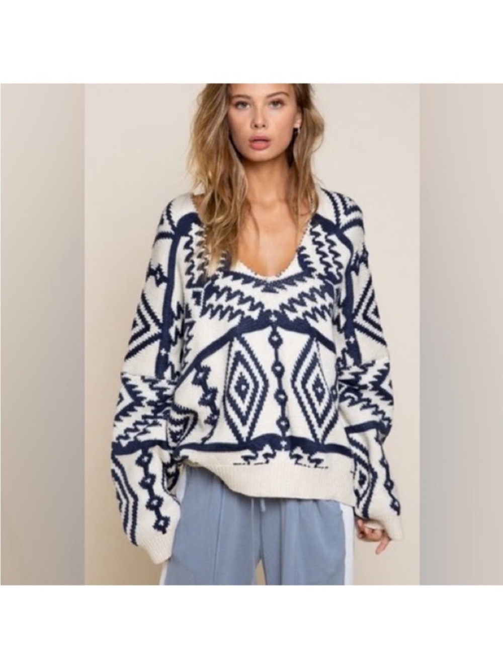 Pol Knit Chunky Aztec Tribal Sweater Sz L Blue White V Neck